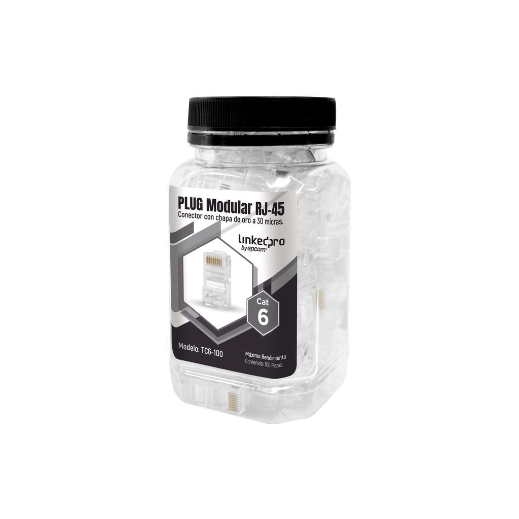 Bote con 100 Piezas de Plug Modular RJ45 Cat6 sin blindaje, chapado de oro a 30 micras para durabilidad extrema