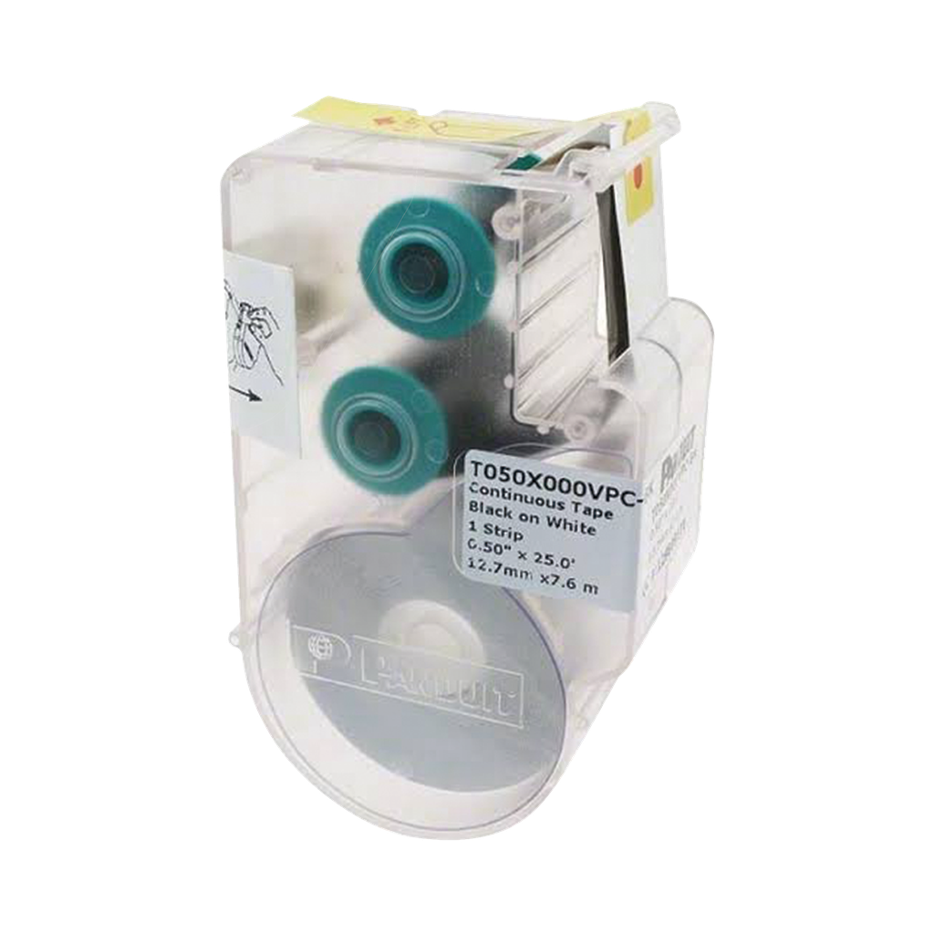 [T050X000VPC-BK] Casete de Etiqueta de Vinilo de Cinta Continua, Color Negro Sobre Blanco, Uso Interior/Exterior, 12.7 mm de Ancho x 7.6 Metros de Largo