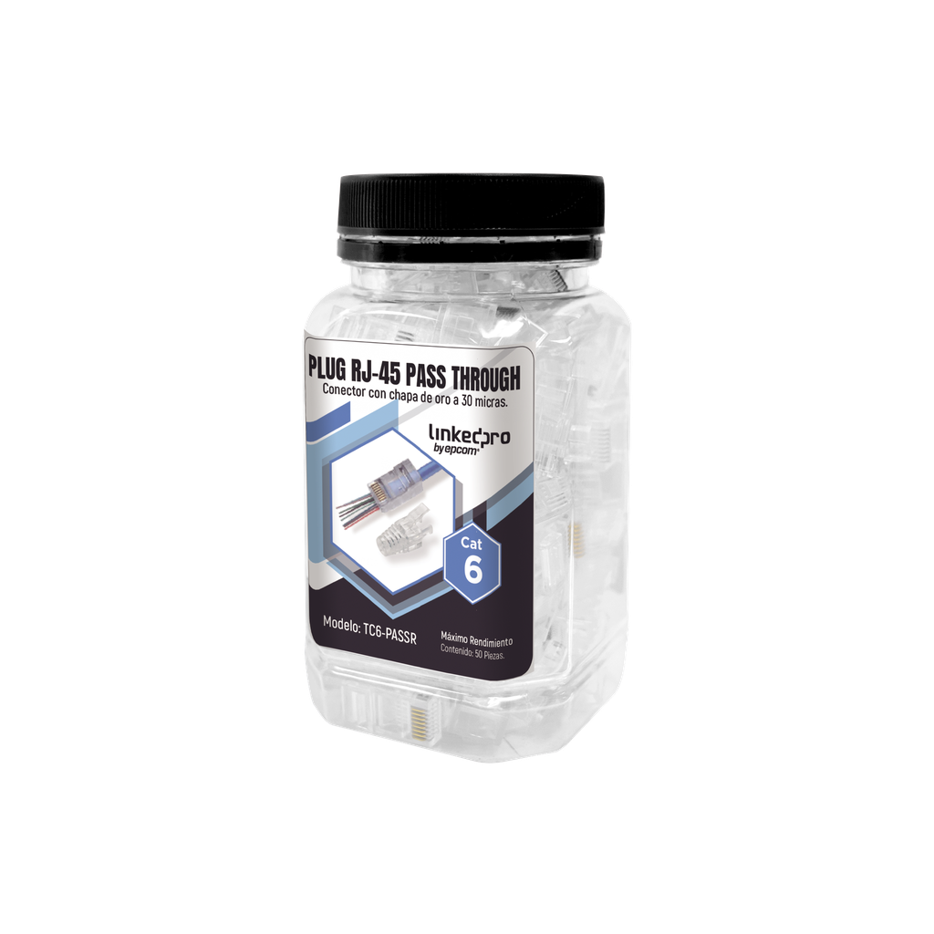 [TC6-PASSR] Bote con 50 Plugs Pass through RJ45 Cat6 sin blindaje, con alivio de tensión incluido, chapado de oro a 30 micras para durabilidad extrema