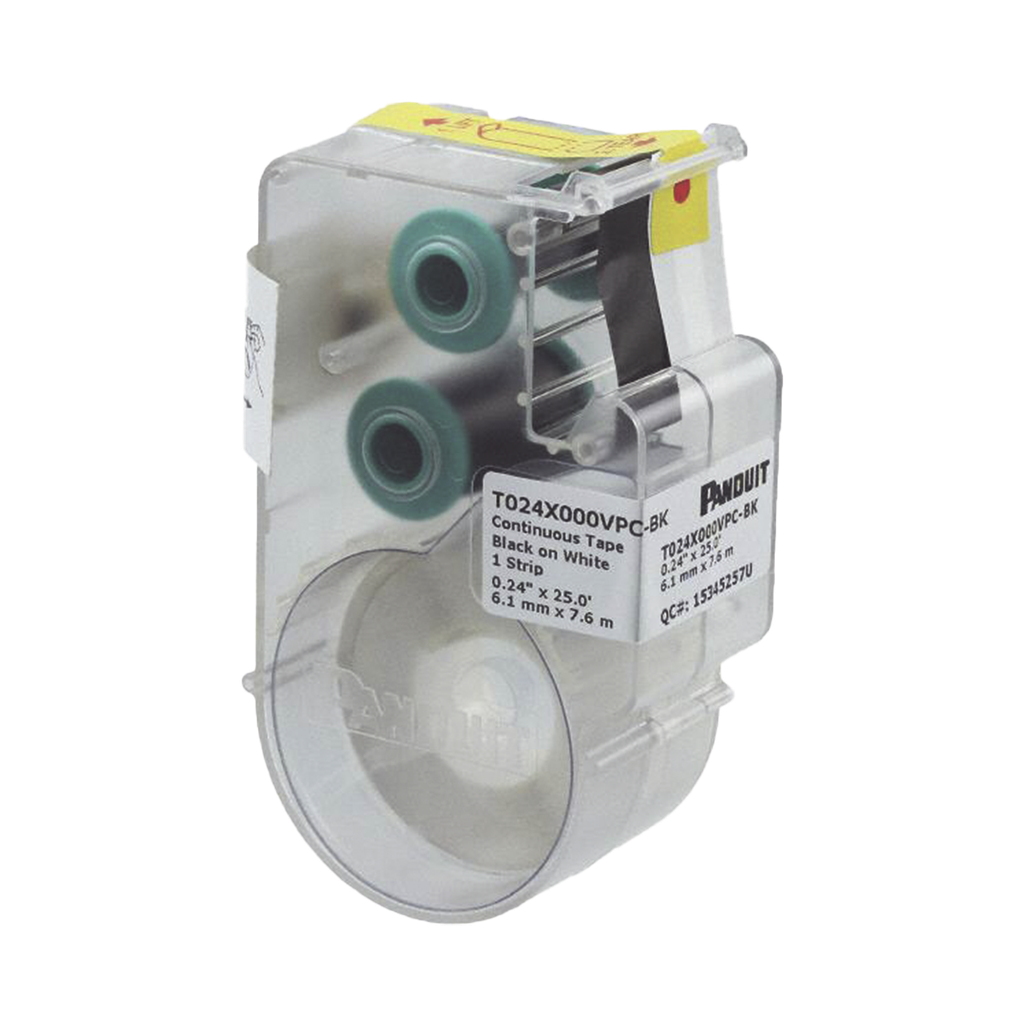 [T024X000VPC-BK] Casete de Etiqueta de Vinilo de Cinta Continua, Color Negro Sobre Blanco, Uso Interior/Exterior, 6.1 mm de Ancho x 7.6 Metros de Largo