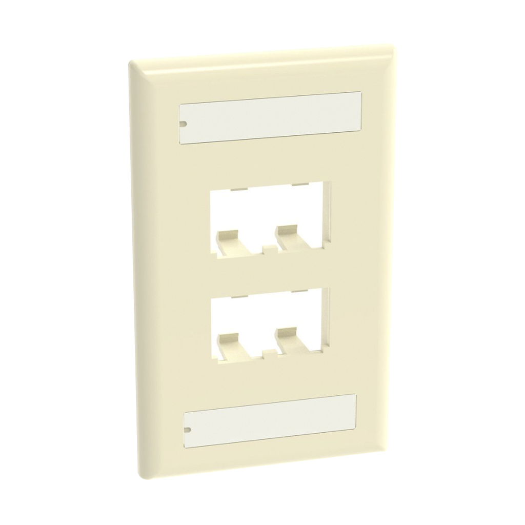 [CFPL4EIY] Placa de Pared Vertical Clásica, Salida Para 4 Puertos Mini-Com, Con Espacios Para Etiquetas, Color Marfil