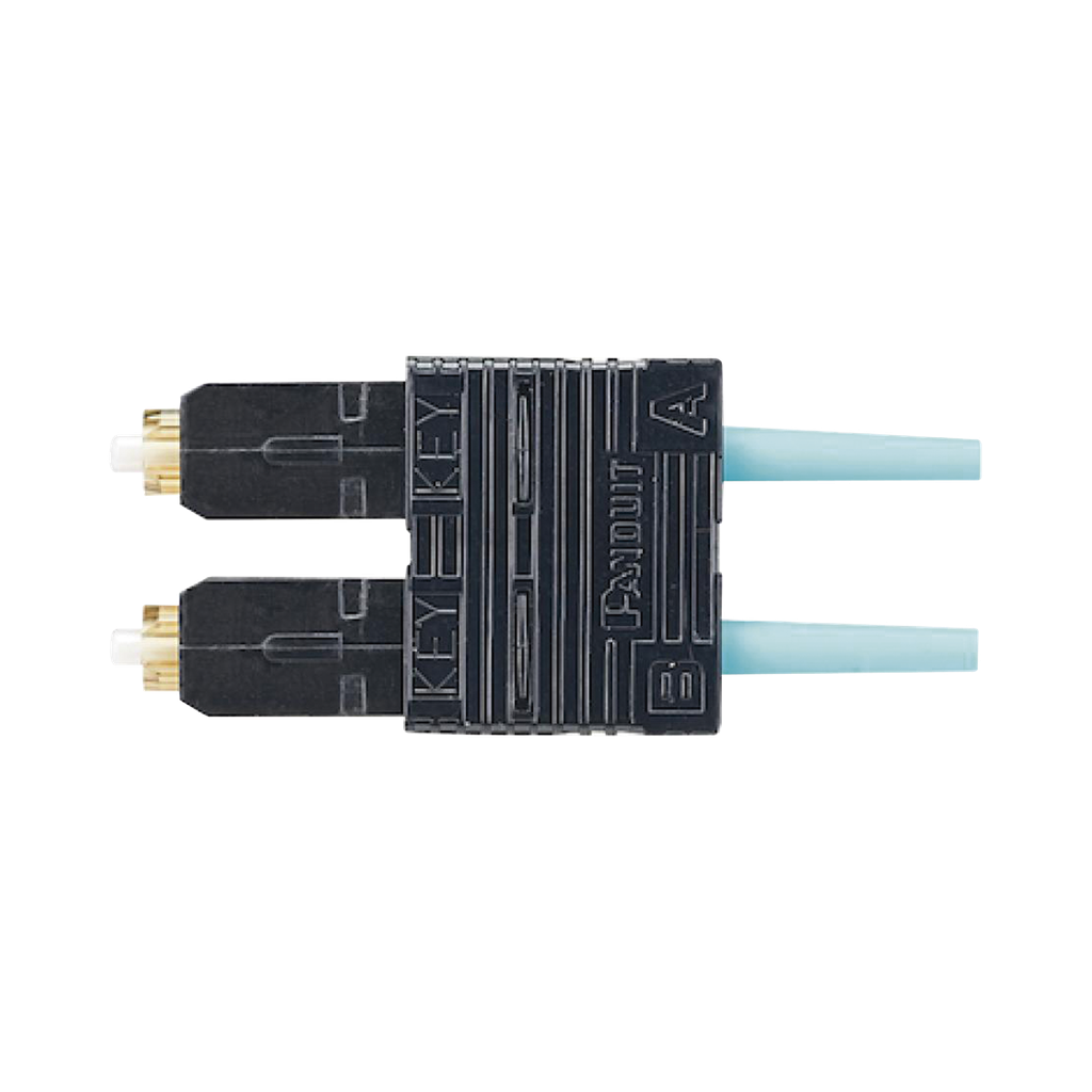 Conector de Fibra Óptica SC Duplex OptiCam, Multimodo 50/125 OM3/OM4, Pre-pulido, Color Aqua