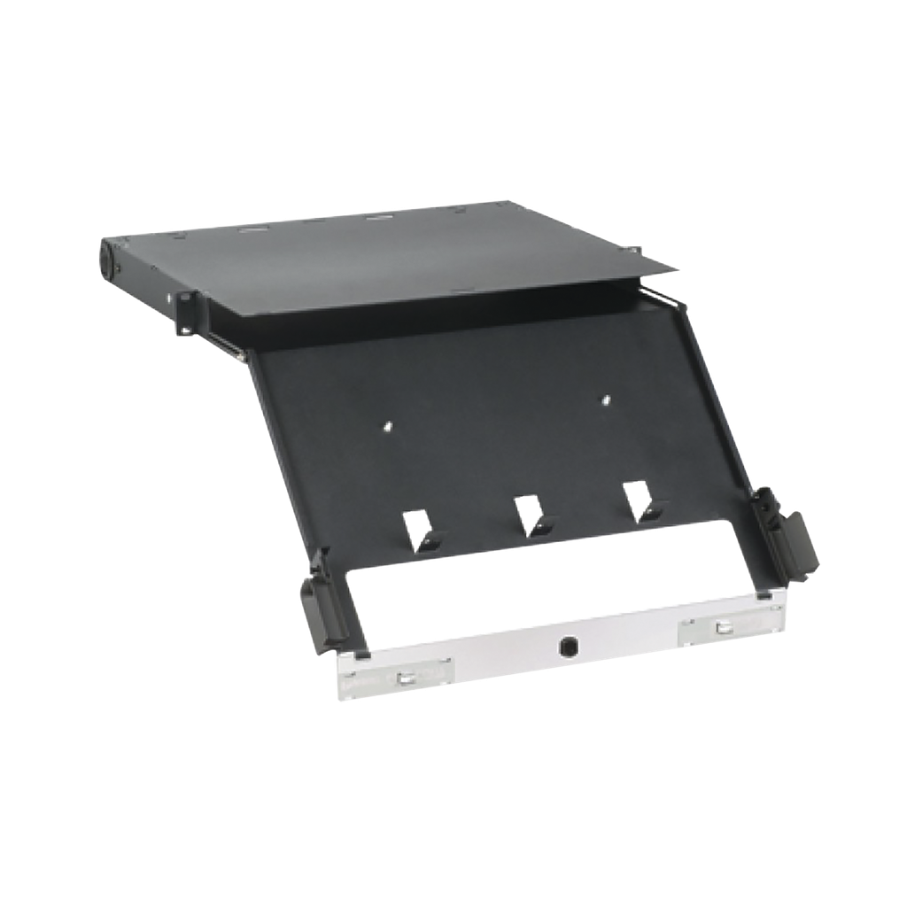[FCE1U] Panel de Distribución de Fibra Óptica, Acepta 4 Placas FAP o FMP, Bandeja Deslizable e Inclinable Hacia Abajo, Hasta 96 Fibras, Color Negro, 1UR