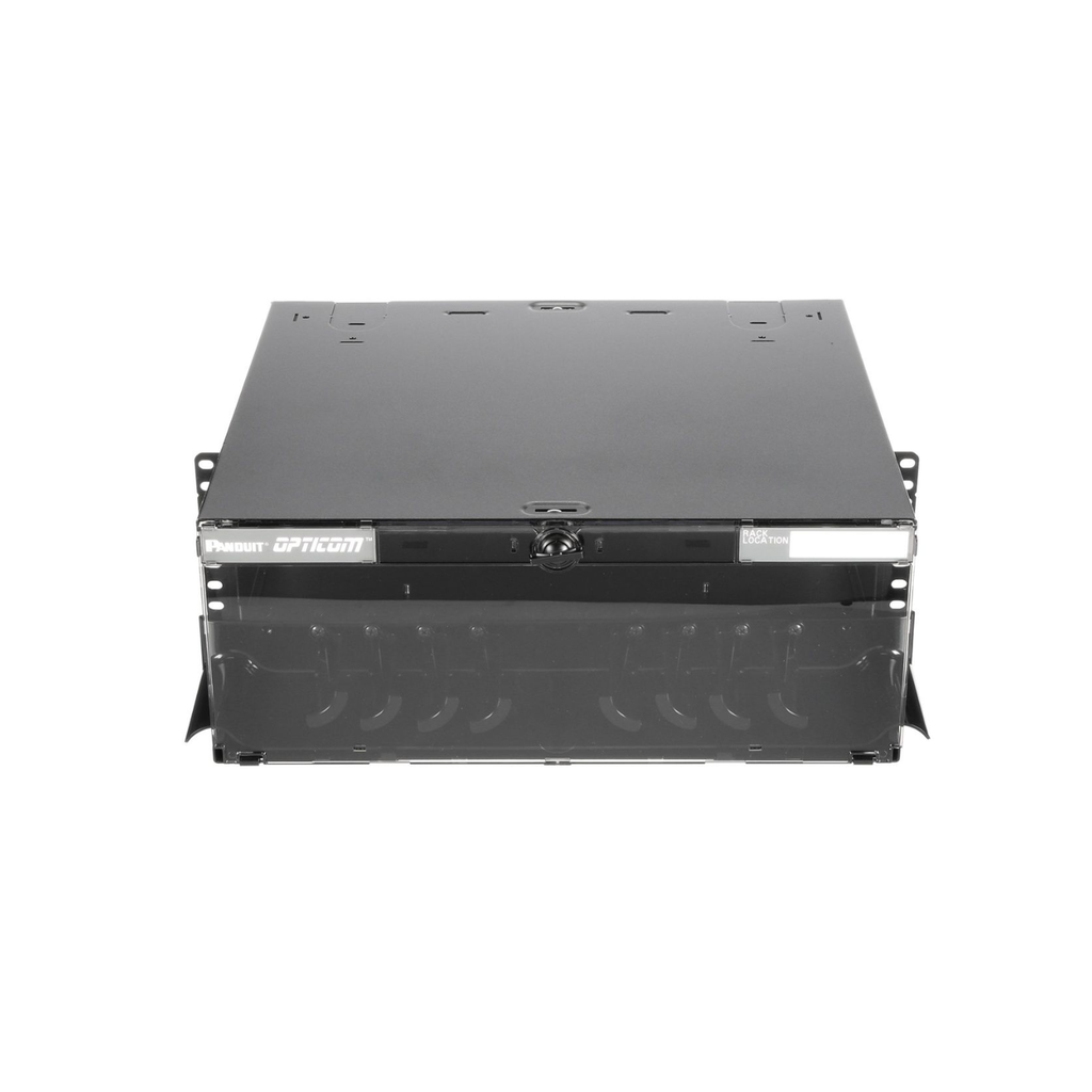 [FCE4U] Panel de Distribución de Fibra Óptica, Acepta 12 Placas FAP o FMP, Bandeja Deslizable e Inclinable Hacia Abajo, Hasta 288 Fibras, Color Negro, 4UR