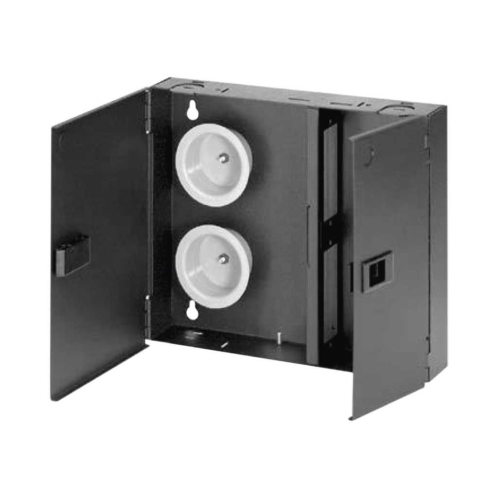 [FWME2] Caja de Conexión de Fibra Óptica, Para Montaje en Pared, Acepta 2 Placas FAP o FMP, Hasta 48 Fibras, Color Negro