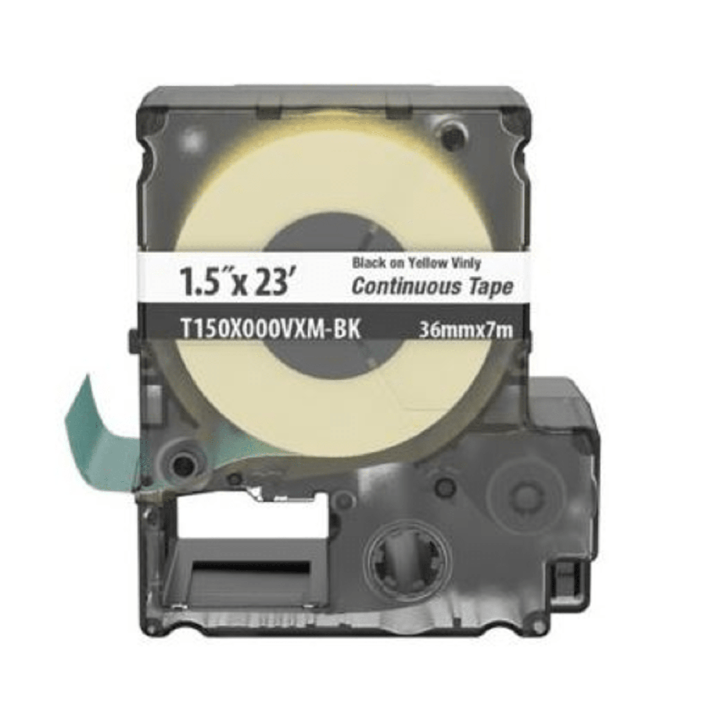 [T150X000VXM-BK] Casete de Etiquetas de Vinilo de Cinta Continua, Color Negro Sobre Amarillo, Uso Interior/Exterior, 36 mm de Ancho x 7 Metros de Largo