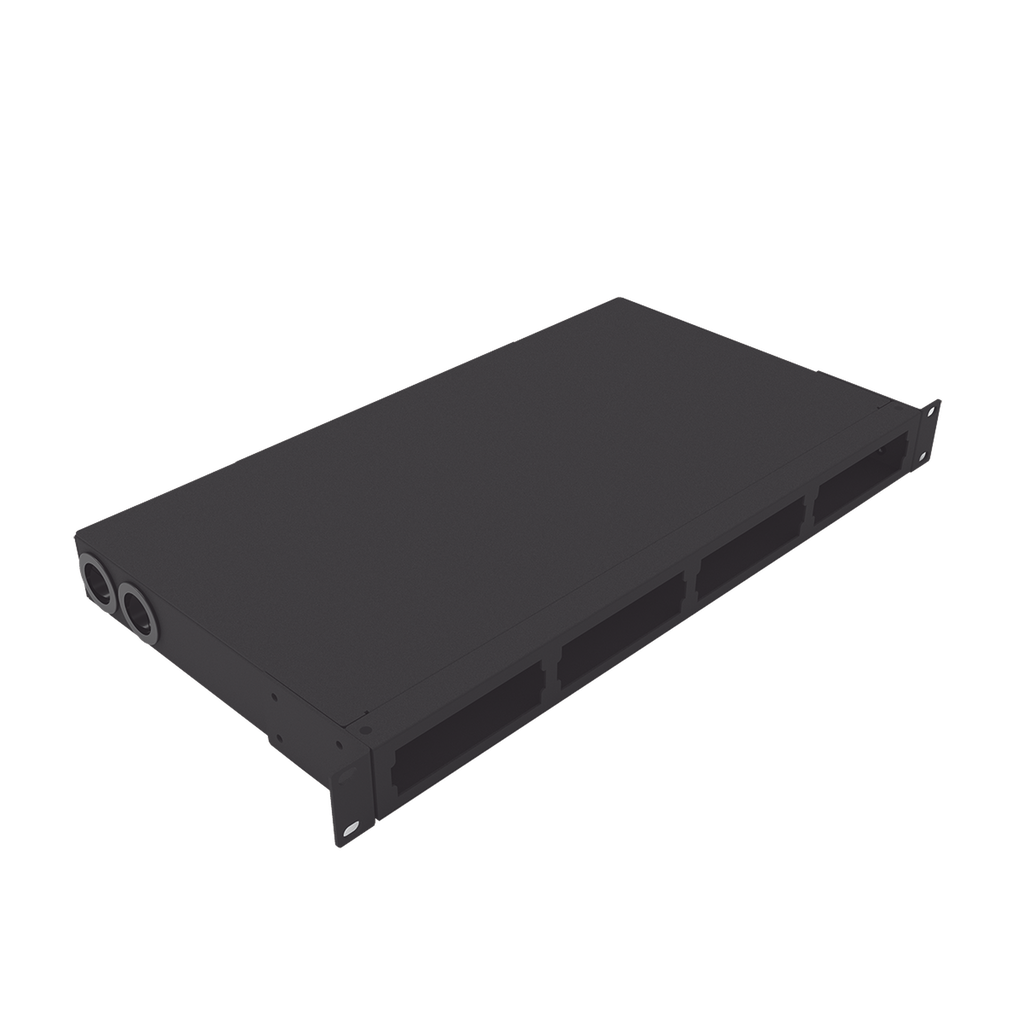 Distribuidor de fibra óptica vacio 19in, Acepta 4 placas Acopladoras de Linkedpro, hasta 24 fibras, 1UR, Incluye charola de empalme
