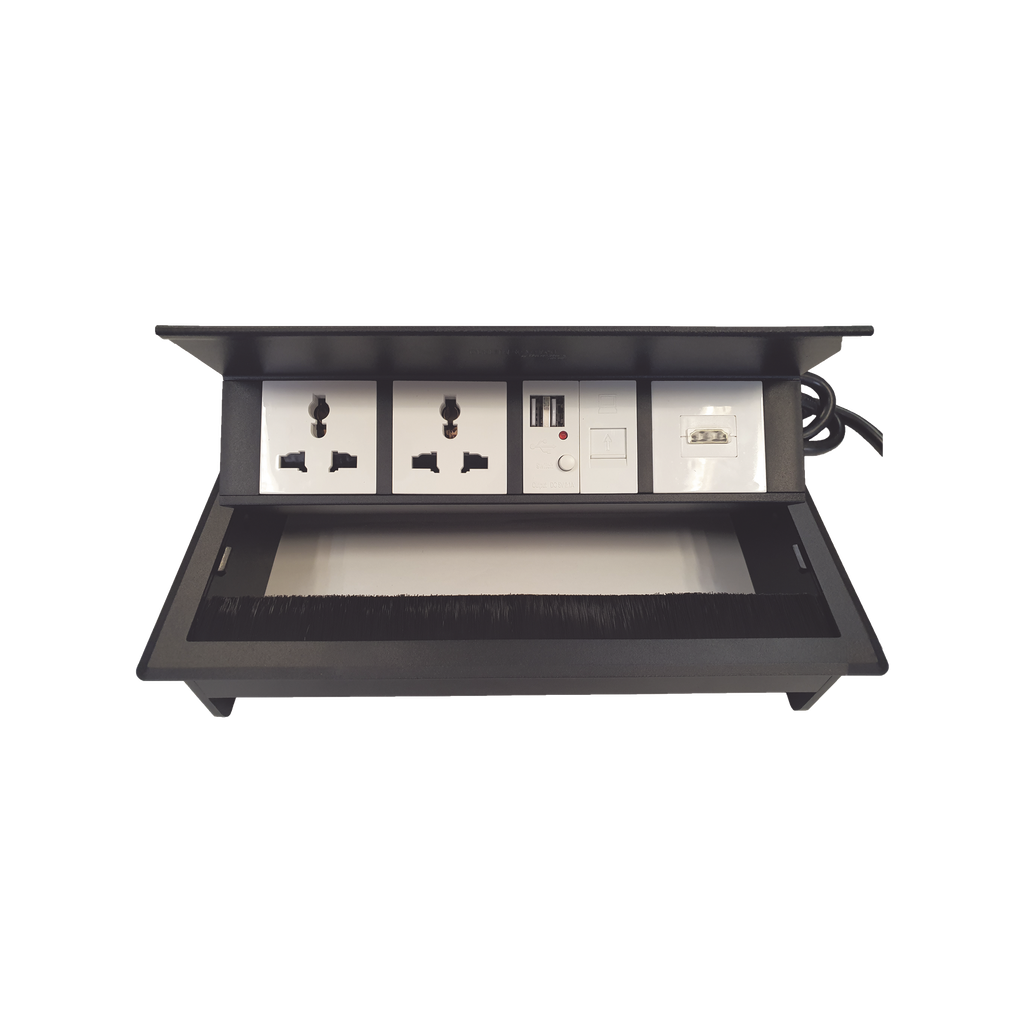 [THMC-HBOX] Caja Horizontal tipo Hub para escritorio color negro, con 1 Puerto HDMI Hembra-Hembra, 1 puerto RJ45 Cat6,  2 Puertos USB (Solo carga),  y 2 Contactos eléctricos universales