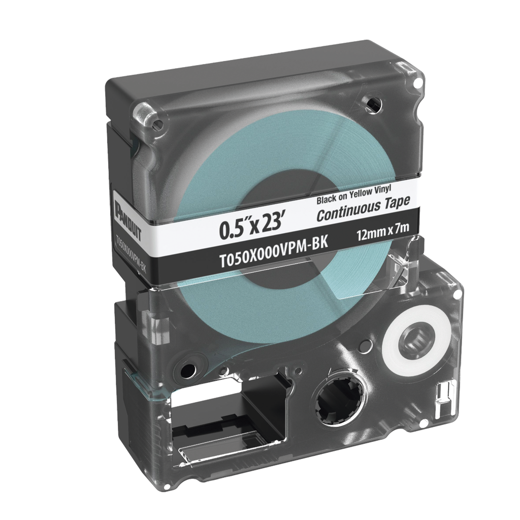 [T050X000VPM-BK] Casete de Etiquetas de Vinilo de Cinta Continua, Color Negro Sobre Blanco, Uso Interior/Exterior, 12 (0.5 in) mm de Ancho x 7 Metros de Largo