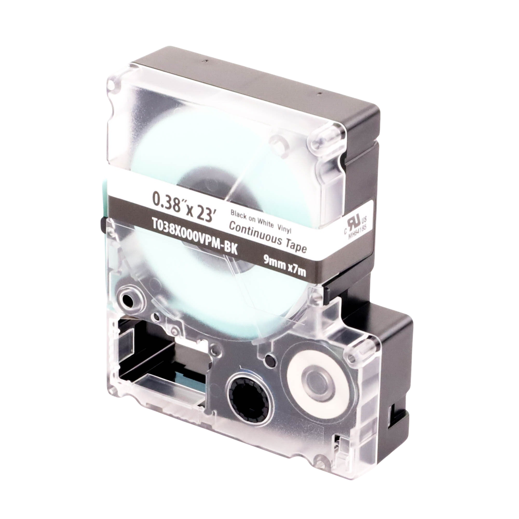 [T038X000VPM-BK] Casete de Etiquetas de Vinilo de Cinta Continua, Color Negro Sobre Blanco, Uso Interior/Exterior, 9 mm de Ancho x 7.6 Metros de Largo