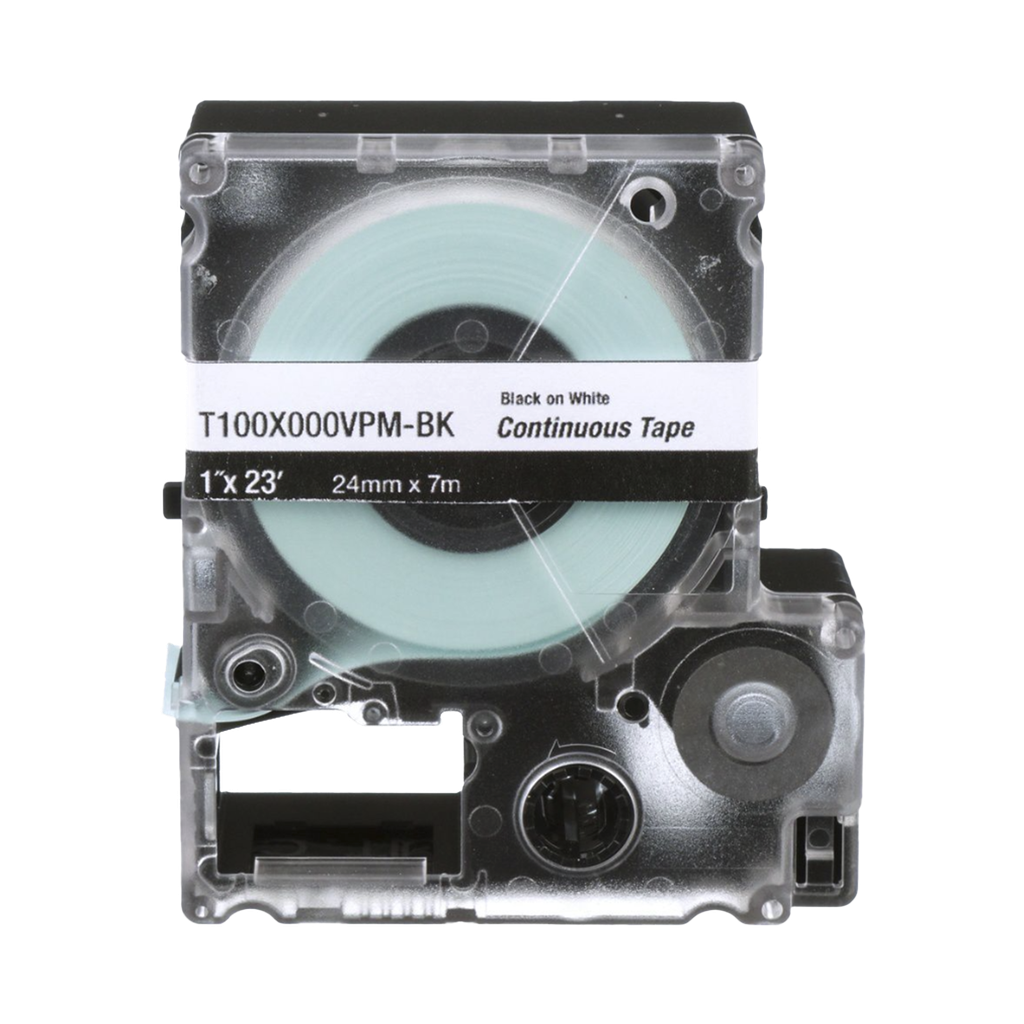 [T100X000VPM-BK] Casete de Etiquetas de Vinilo de Cinta Continua, Color Negro Sobre Blanco, Uso Interior/Exterior, 24 mm (1 in) de Ancho x 7.6 Metros de Largo