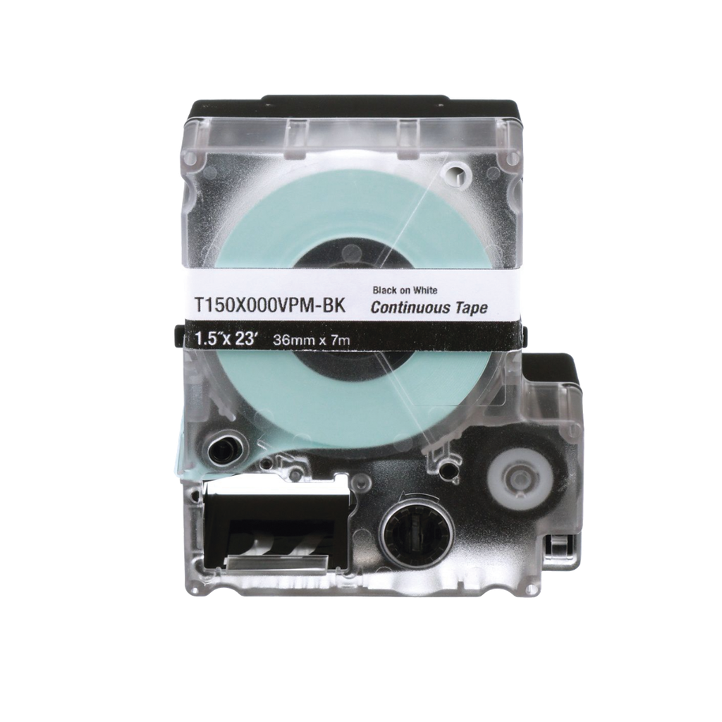 [T150X000VPM-BK] Casete de Etiquetas de Vinilo de Cinta Continua, Color Negro Sobre Blanco, Uso Interior/Exterior, 36 mm (1.5 in) de Ancho x 7.6 Metros de Largo