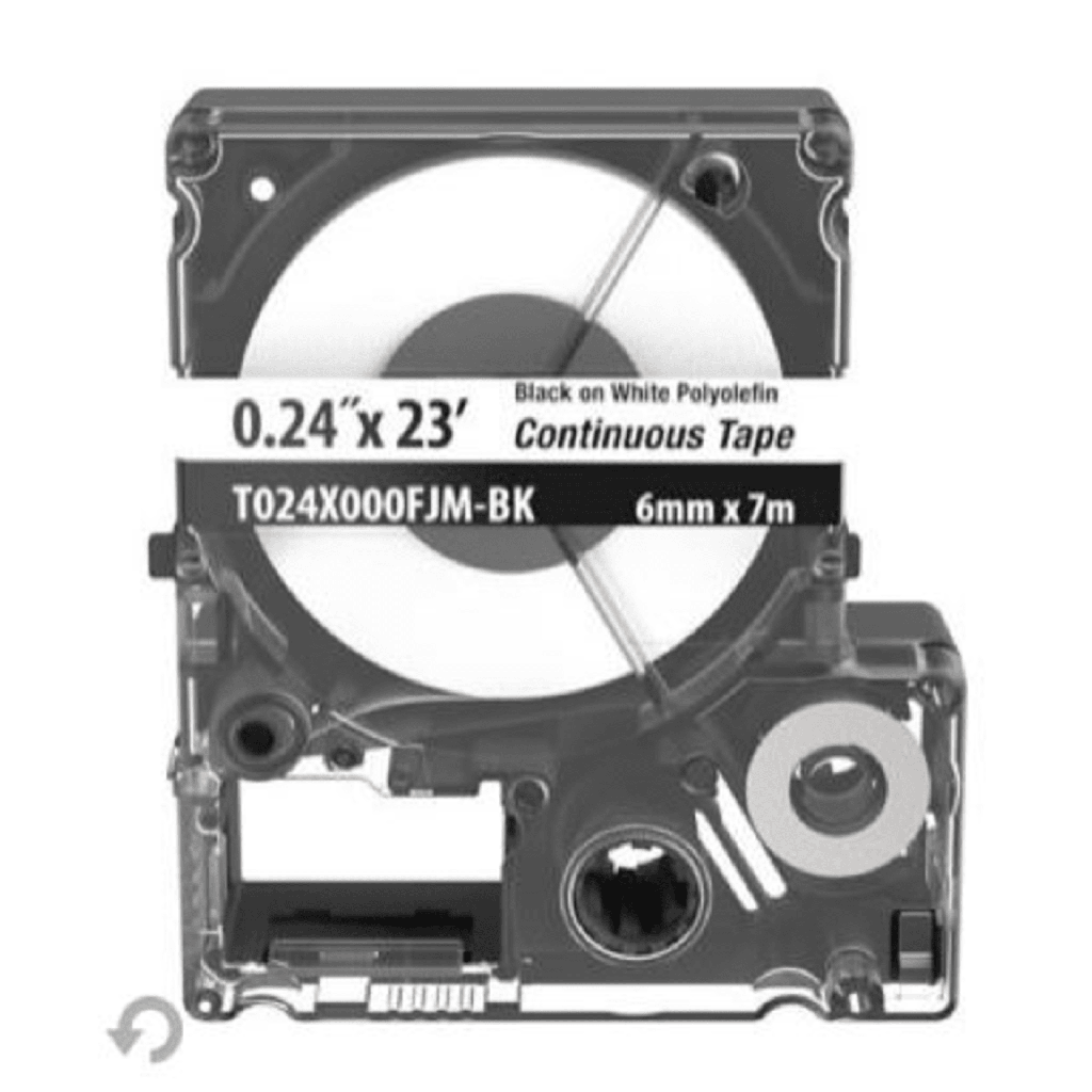 [T024X000FJM-BK] Casete de Etiquetas de Poliolefina de Cinta Continua, Color Negro Sobre Blanco, Uso Interior/Exterior, 5.82 mm de Ancho x 7 Metros de Largo