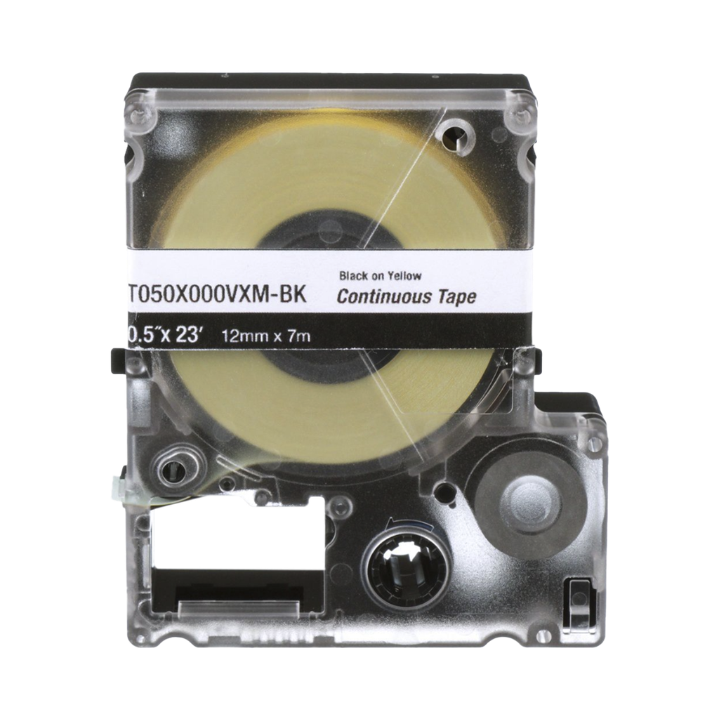 [T038X000VXM-BK] Casete de Etiquetas de Vinilo de Cinta Continua, Color Negro Sobre Amarillo, Uso Interior/Exterior, 9 mm de Ancho x 7 Metros de Largo