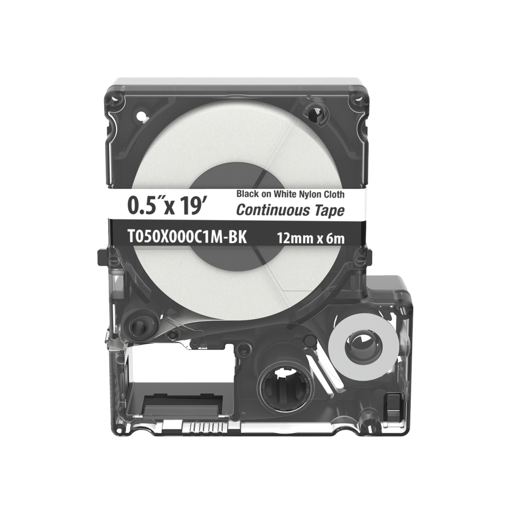 [T050X000C1M-BK] Casete de Etiquetas de Nylon de Cinta Continua, Color Negro Sobre Blanco, Uso Interior/Exterior, 12 (0.5 in) mm de Ancho x 6 Metros de Largo