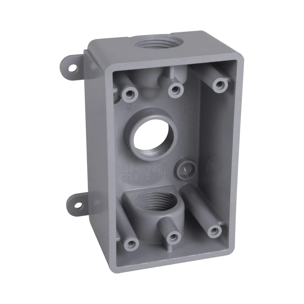 Caja Impermeable de 1 Gang / Profundidad de 2/ Cuenta con 3 Salidas roscadas para tubería de 1/2 ó 3/4/ Color Gris.
