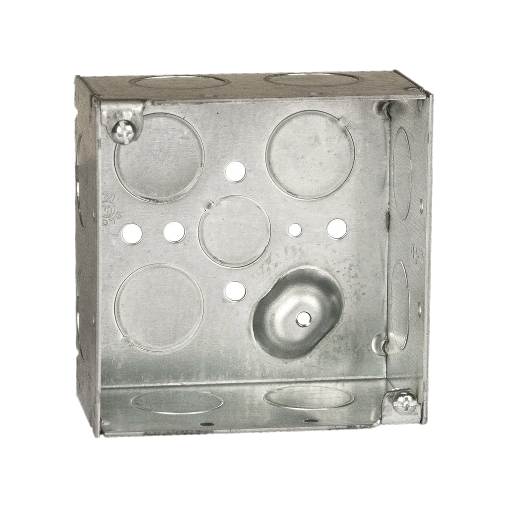 Caja Cuadrada Galvanizada  de 4 x 4 / Profundidad 2 1/8 / 11 Entradas de 3/4 y 1 de 1/2.