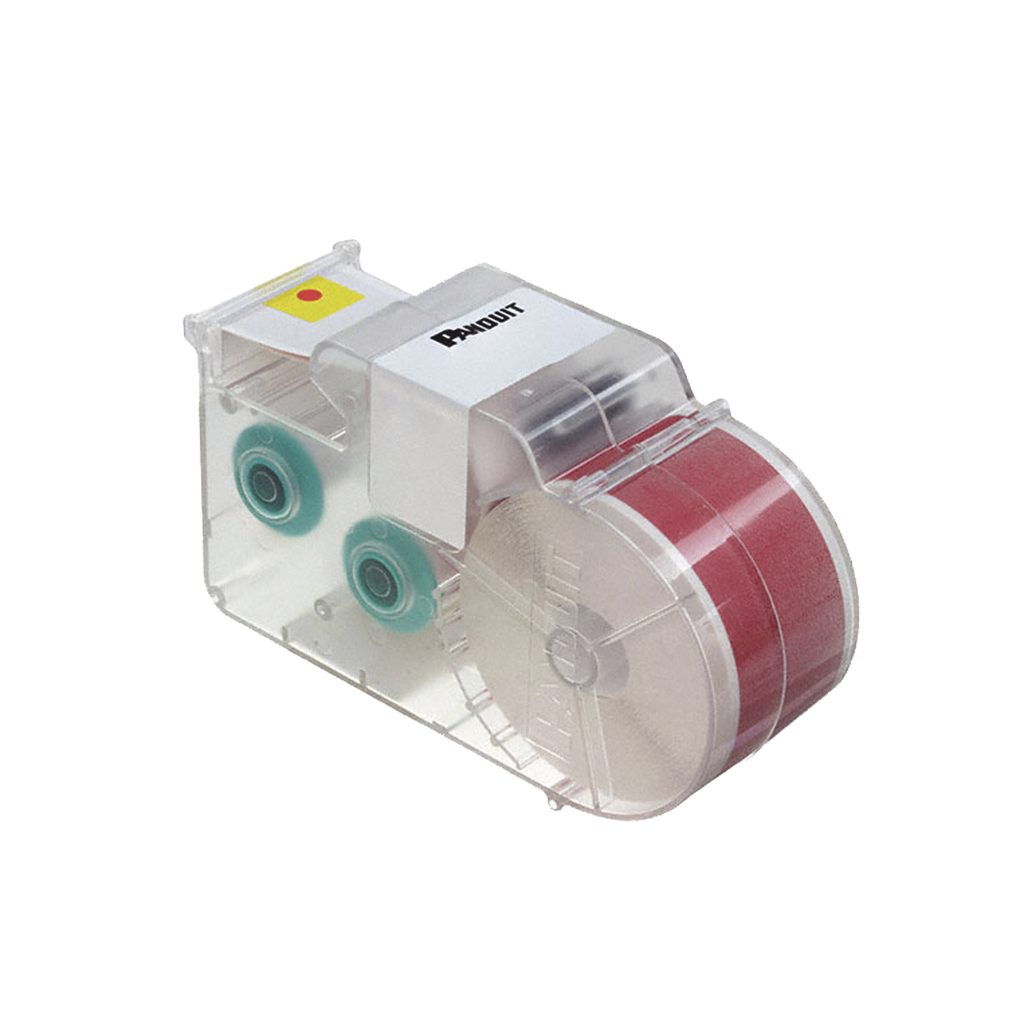 [T100X000VWC-WH] Casete de Etiquetas de Vinilo de Cinta Continua, Color Blanco Sobre Rojo, Uso Interior/Exterior, 25.4 mm de Ancho x 7.6 Metros de largo