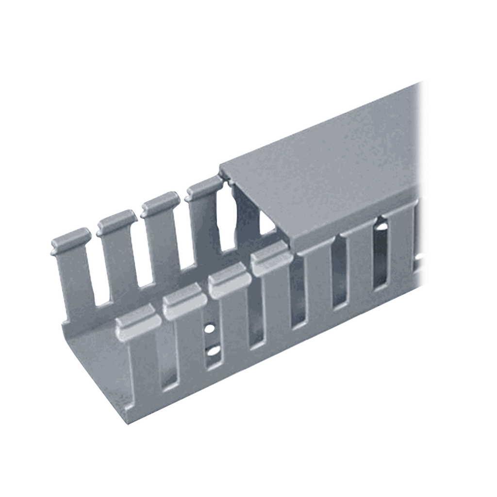 [FC1X1LG2] Canaleta Ranurada de PVC con Tapa, Tipo F, 32 mm de Ancho, 28.7 mm de Alto y 2 m de Largo, Color Gris