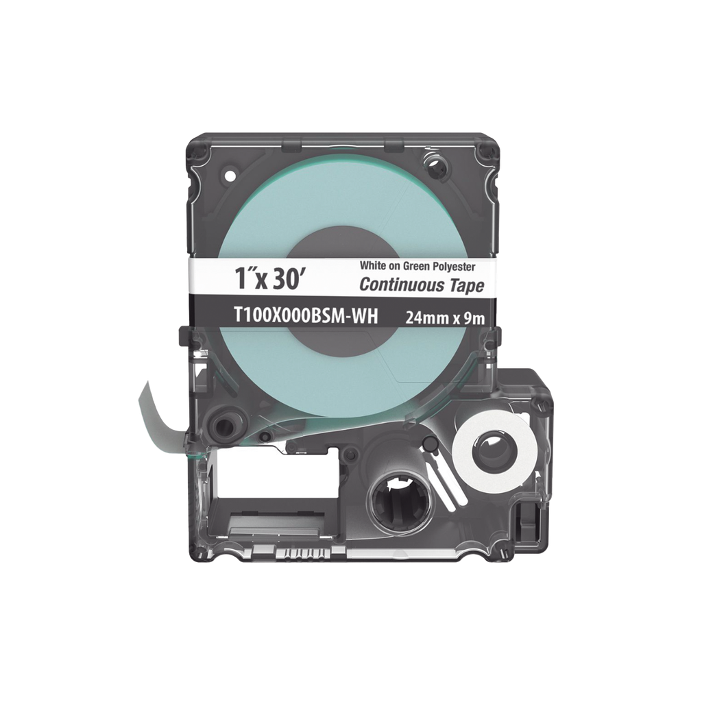 [T100X000BSM-WH] Casete de Etiquetas de Poliéster de Cinta Continua, Color Blanco Sobre Verde, Uso Interior/Exterior, 24 mm (1 in) de Ancho x 9.1 Metros de Largo