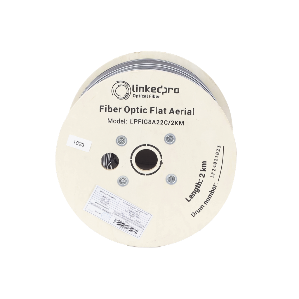 [LPFIG8A22C/2KM] Carrete de 2 km de Fibra Óptica Aérea Mini Figura 8 G.657A2 tipo Drop Plana, Monomodo de 2 Hilos (bifibra), Color Negro,  (No Soporta Conectores Mecánicos)