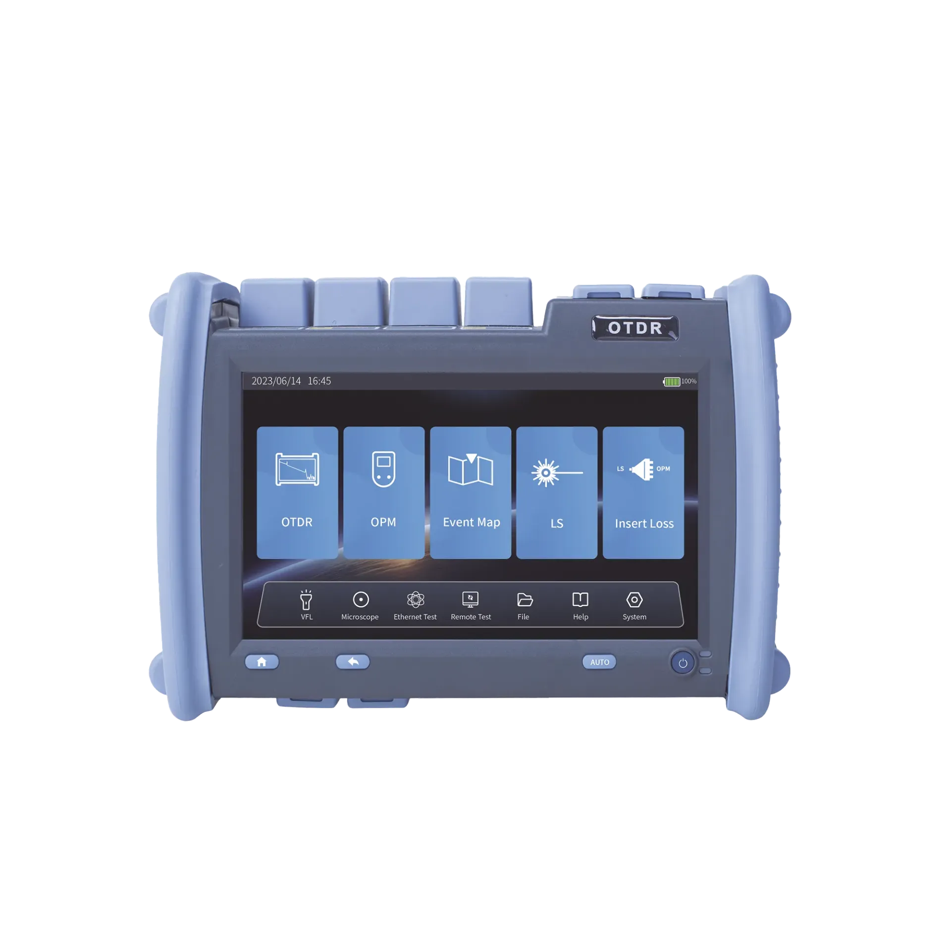 OTDR PRO de Alto Rendimiento para Enlaces de Fibra Óptica Monomodo y Multimodo / Longitudes de onda: 850nm, 1300nm, 1310nm y 1550nm / Zona Muerta por Evento de 0.8 Metros / VFL 5mW / Distancia de prueba de hasta 420 km