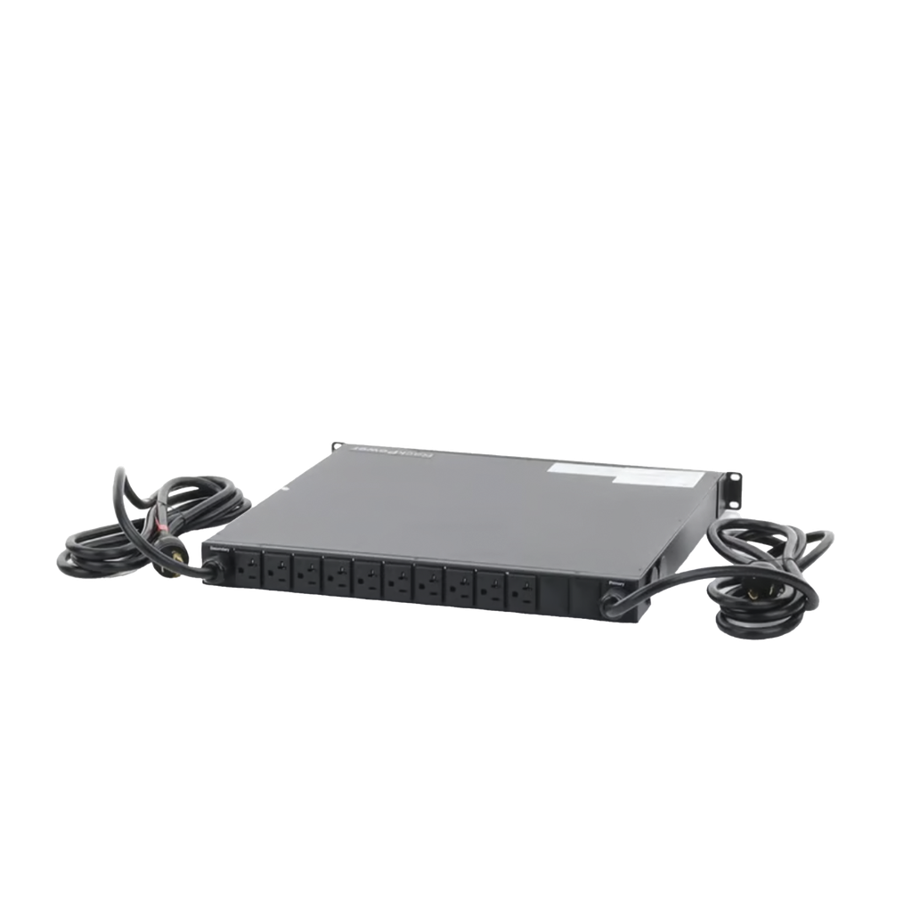 [NPATS11002] PDU Monitoreable de Transferencia Automática ATS (Fuente Redundante), Con 10 Salidas 5-15R,   Enchufes de Entrada L5-20P, Instalación Horizontal de 19in, 1UR, 20 Amp, 120 Vca