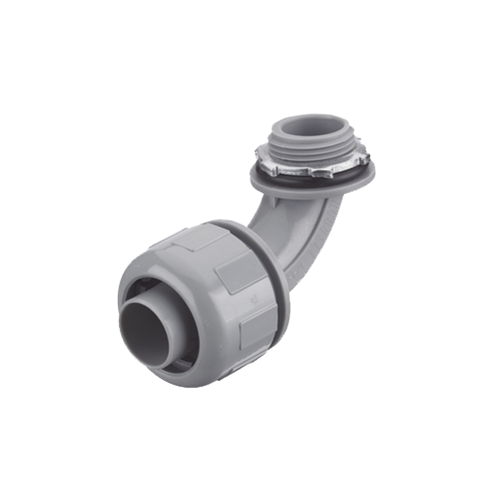 [HUB-P0759-NGY] Conector Curvo 90° de Nylon de 3/4 para Tubería Liquidtight Polytuff.