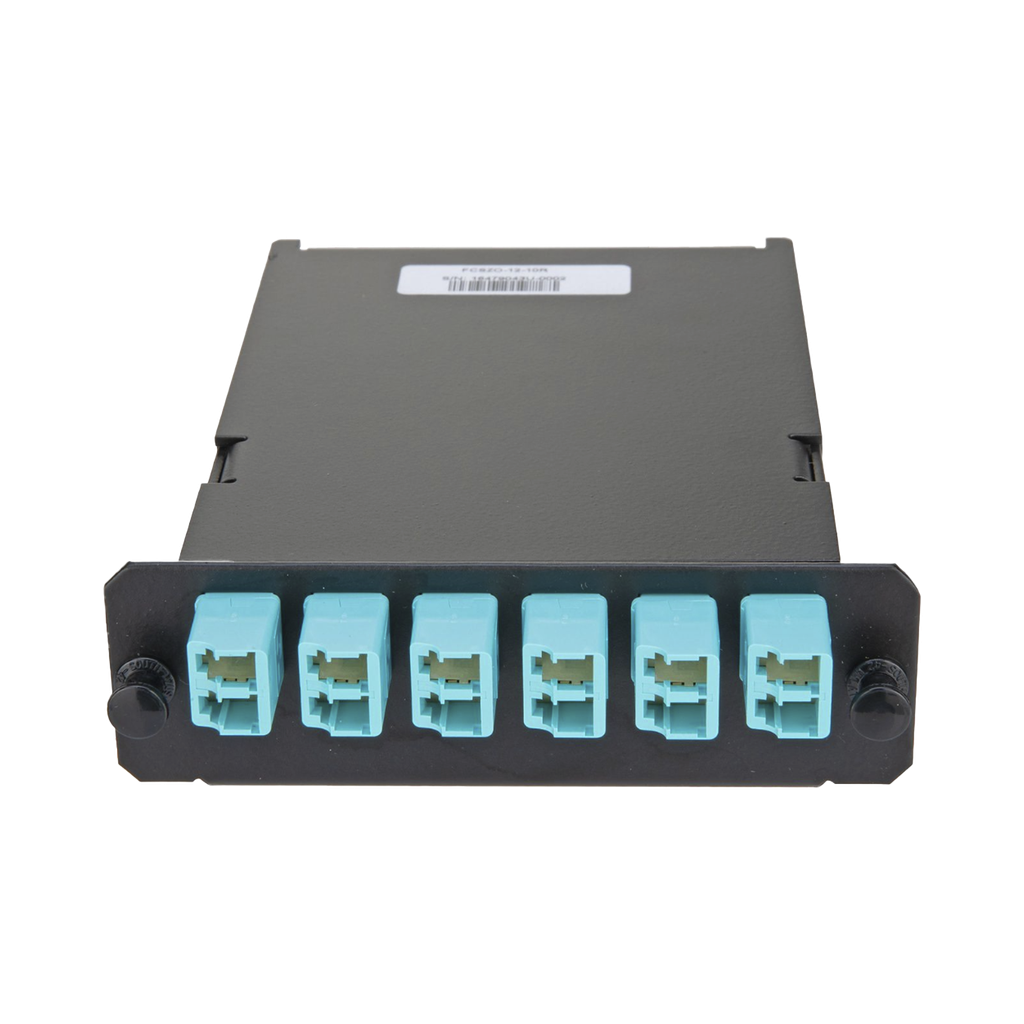 Placa Acopladora de Fibra Óptica FAP, Con 12 Pigtails Ribbon y 6 Conectores LC Duplex (12 Fibras), Para Fibra Multimodo OM3/OM4, Color Aqua