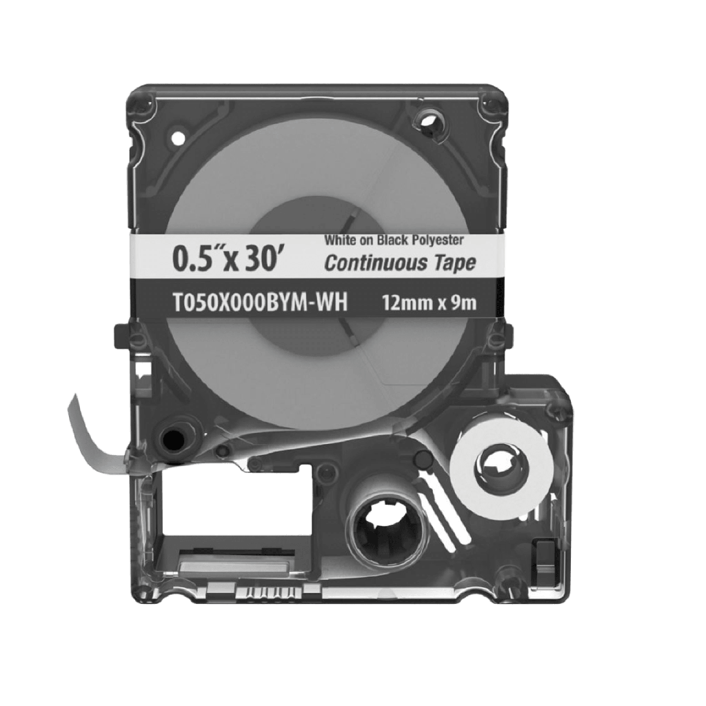 [T050X000BYM-WH] Casete de Etiquetas de Poliéster de Cinta Continua, Color Blanco Sobre Negro, 11.8 mm (0.47 in) de Ancho x 9 m (29.5 ft) de Largo