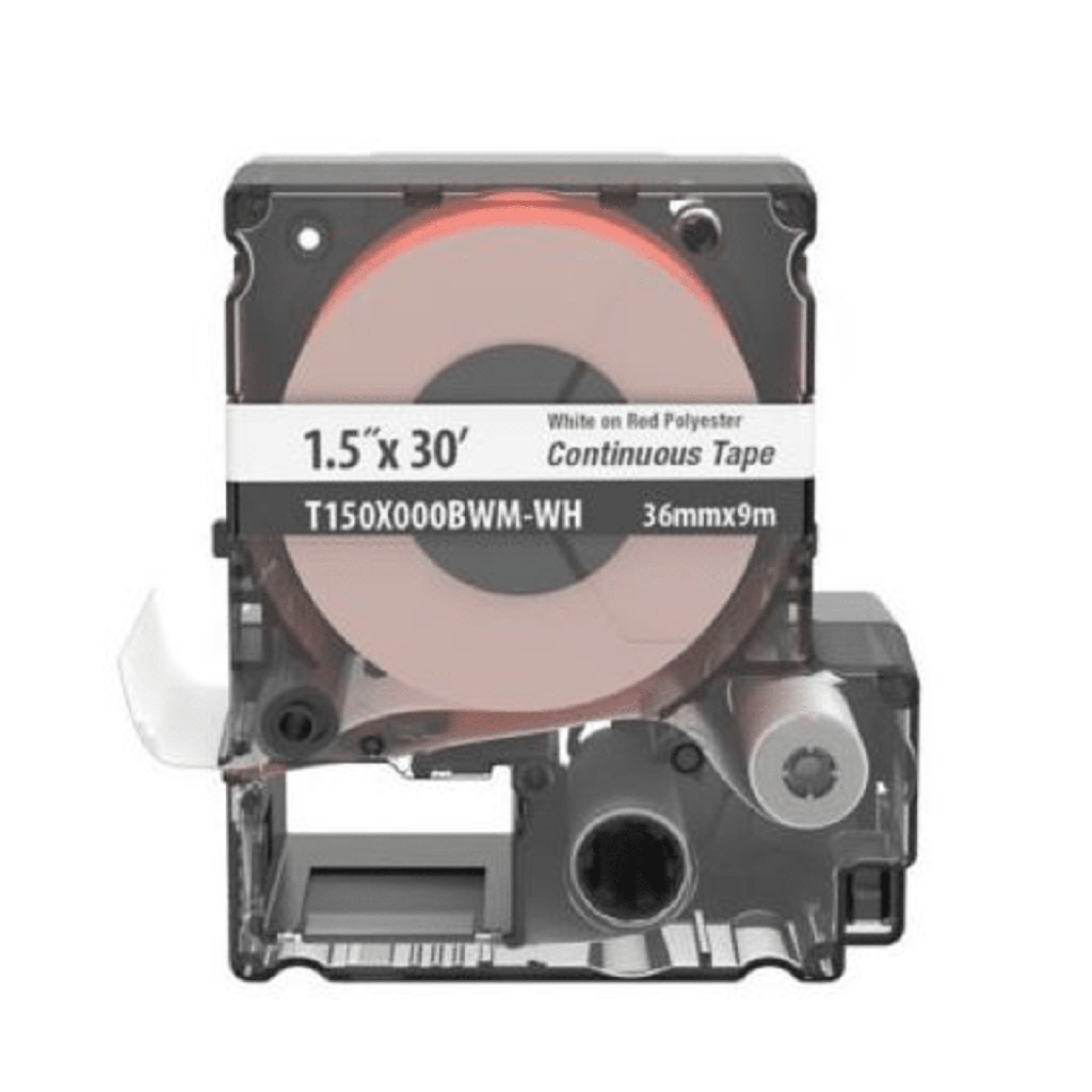 [T150X000BWM-WH] Casete de Etiquetas de Vinilo de Cinta Continua, Color Negro Sobre Rojo, Uso Interior/Exterior, 35.8 mm de Ancho x 9 Metros de Largo