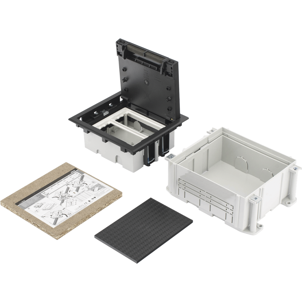 Caja de Suelo Simon Serie S / Para Voz, Datos o Contactos Eléctricos / Capacidad para 2 Módulos / Con Registro Integrado para Fijación en Concreto / Profundidad Ajustable de 70 a 100 mm / Alta Resistencia Mecánica y Térm
