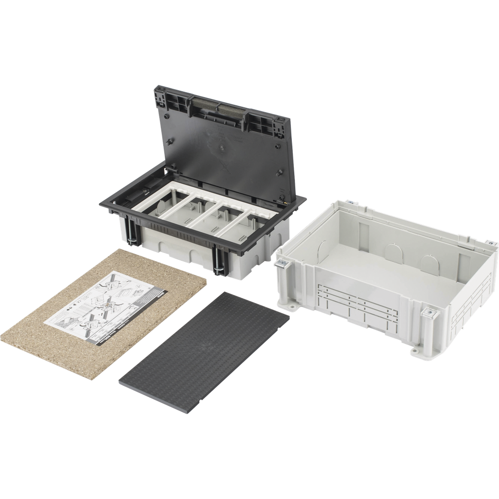 Caja Para Instalación en Pavimento para Voz, Datos o Contactos Eléctricos / Capacidad para 4 Módulos / Espacio Embellecedor en la Tapa / Profundidad Ajustable de 70 a 100 mm / Los Módulos se Adquieren Aparte / Incluye Registro