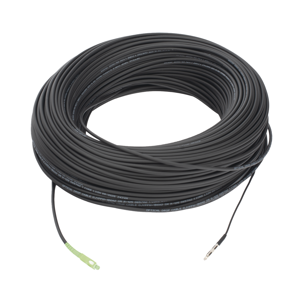 Rollo de Fibra Óptica Drop Redonda G657A2 Monomodo Simplex de 150 Metros con Conectores SC/APC-SC/APC para Instalaciones Aéreas, Subterráneas o a la Intemperie