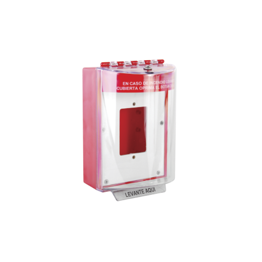 [STI-13510FR-ES] Cubierta Universal De Policarbonato Con Espaciador y Placa De Montaje Interna, Texto De Incendio En Español, Interior/Exterior, Serie Universal Stopper®