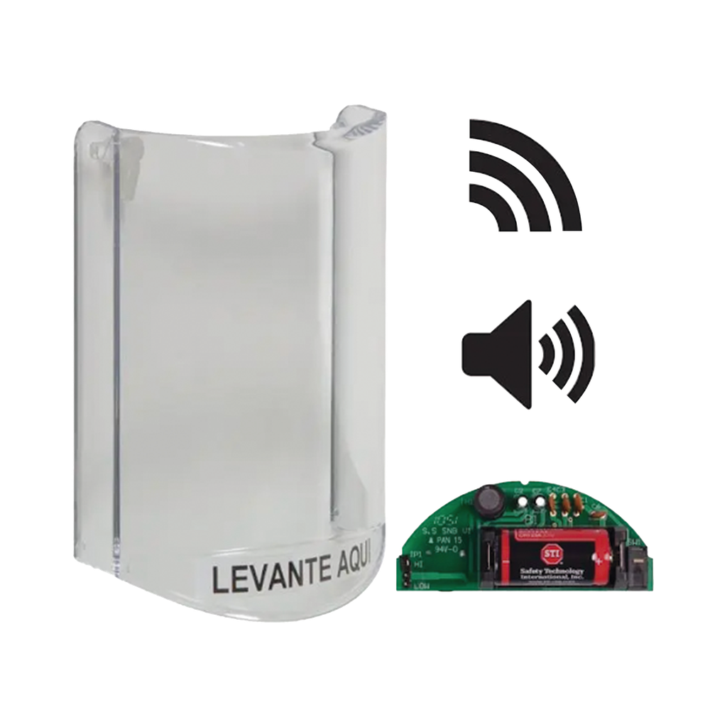 [STI-6517B-ES] Cubierta Protectora De Policarbonato, Súper Resistente, Con Sonido, Con Transmisor Inalámbrico Para STI-V34104, Texto En Español, Para Botones Multiusos Serie Stopper® Station De STI