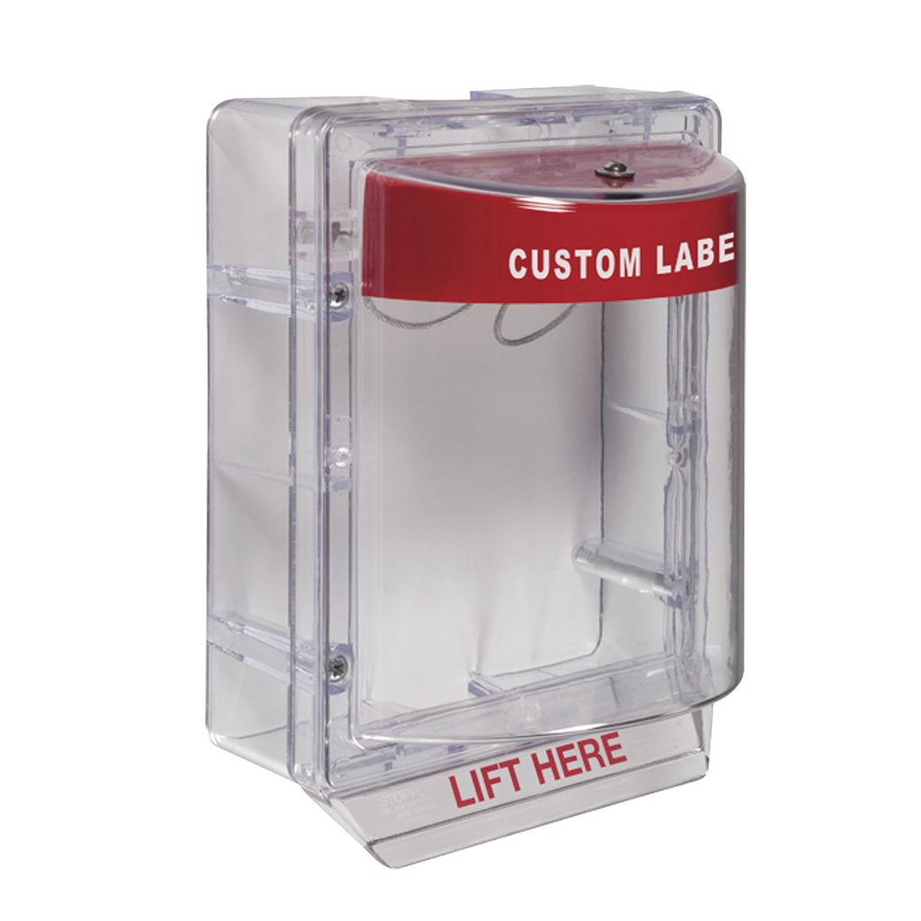 [STI-1130-CR] Cubierta Protectora Serie Stopper II® De Policarbonato, Con Bocina, Espaciador Transparente, Montaje en Superficie, Etiqueta Personalizada