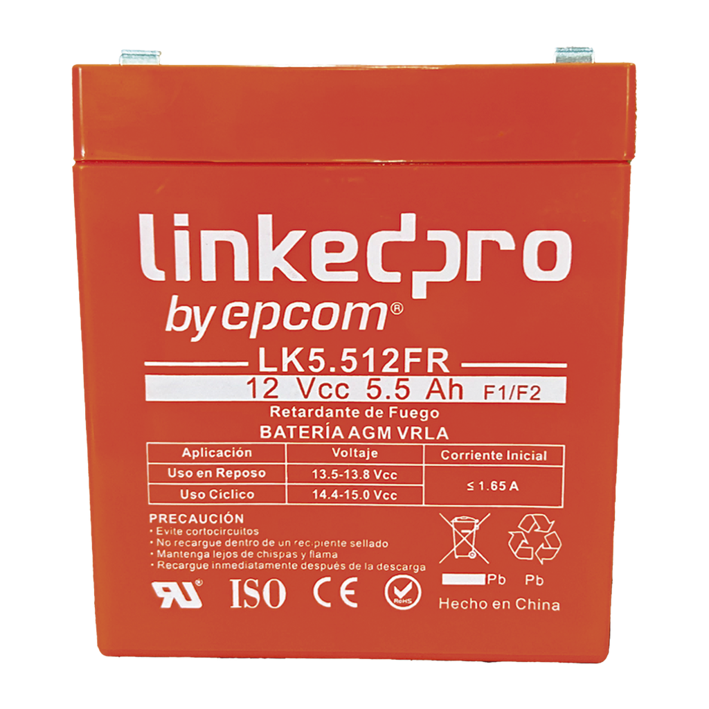 [LK5.512FR] Batería 12 V / 5.5 Ah / UL / Tecnología AGM / Vida útil promedio de 5 años / Retardante a la Flama / Para uso en equipo electrónico, Alarmas de Intrusión / Incendio/ Control de Acceso/ Video Vigilancia / Incluye