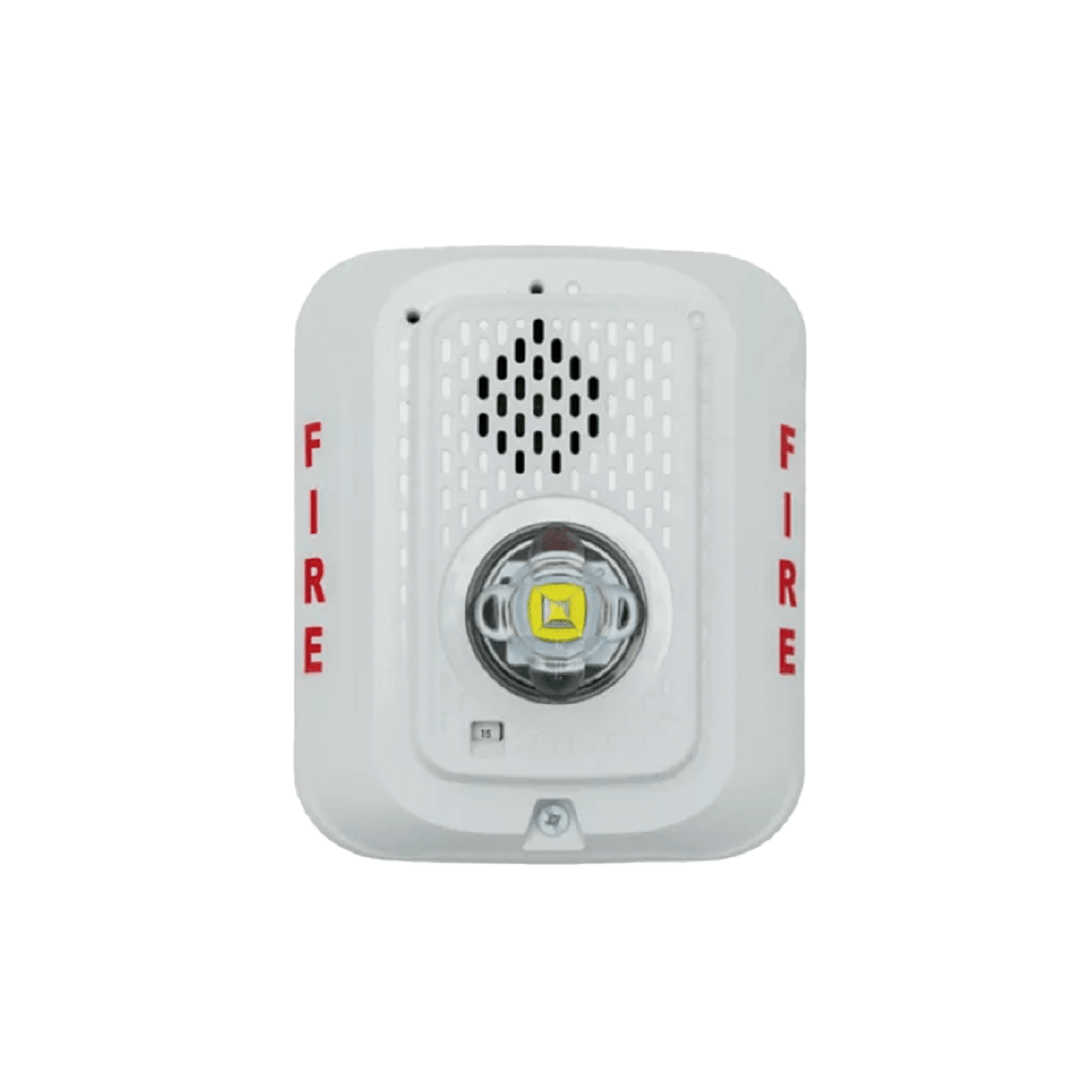 Sirena con Lámpara LED Estroboscópica / a 2 Hilos / Montaje en Pared / 24 Vcd / Configuración Estroboscópica Seleccionable / Texto en Inglés / Color Blanca