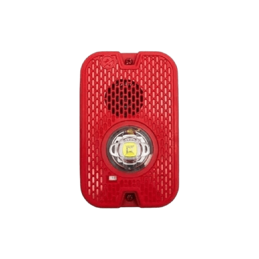 Sirena con Lámpara LED Estroboscópica / 2 Hilos / Montaje en Pared / 16 a 24 Vcd / Configuración Estroboscópica Seleccionable / Texto en Inglés / Color Rojo / Uso exterior
