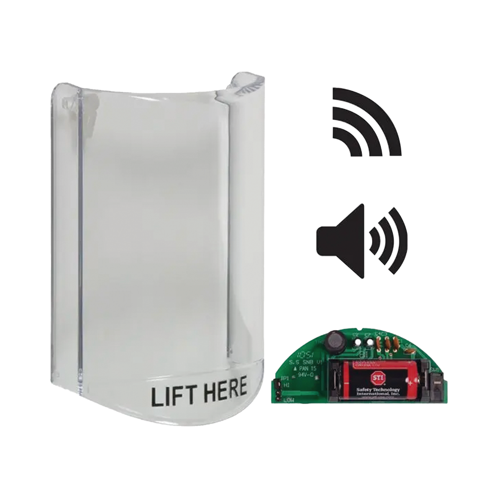 [STI-6517B] Cubierta Protectora De Policarbonato, Súper Resistente, Con Sonido, Con Transmisor Inalámbrico Para STI-V34104, Texto En Ingles, Para Botones Multiusos Serie Stopper® Station De STI