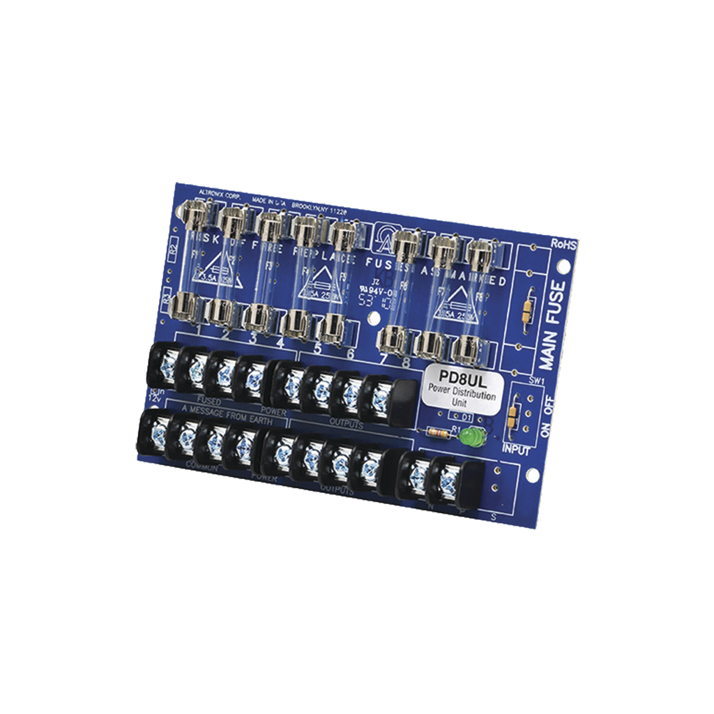 [PD8UL] Tablero distribuidor de voltaje, 8 salidas con fusible de protección. Para uso con Fuentes de poder ALTRONIX.