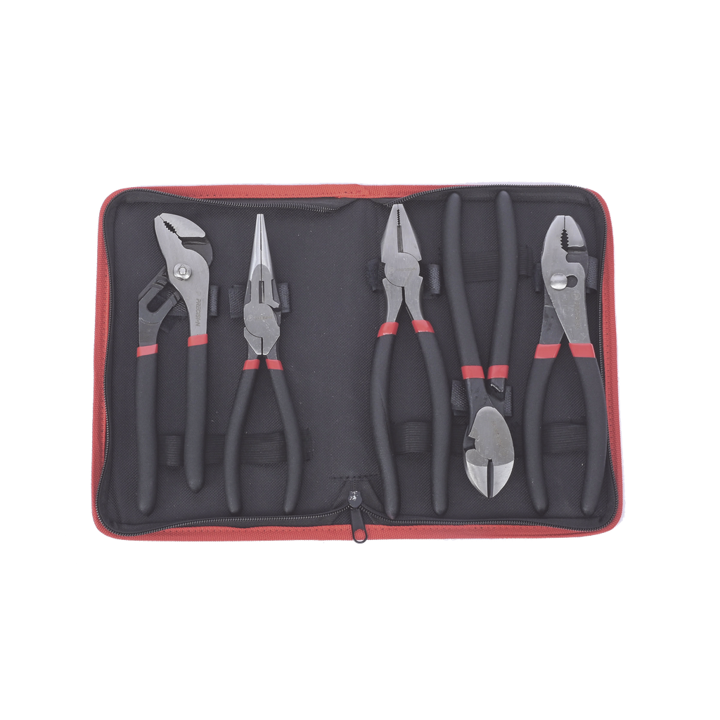 [PST-H010-03] Juego de 5 Pinzas de 8 con Estuche. Incluye: P. Mecánica, P. para Tubo, P. Eléctrica, P. Corte, Nariz Larga.