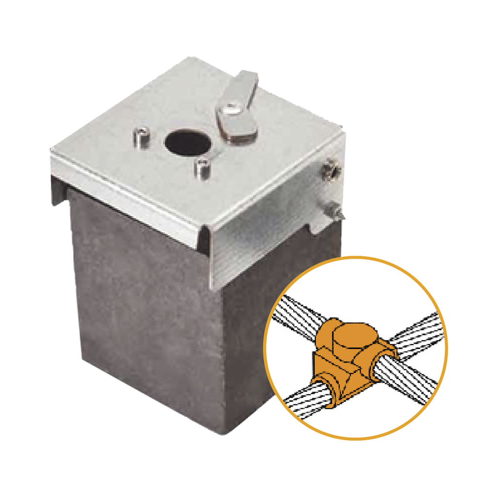 Molde de grafito horizontal unión en cruz sobrepuesta de cable 2/0 AWG (pasante) con cable 2/0 AWG (terminal).