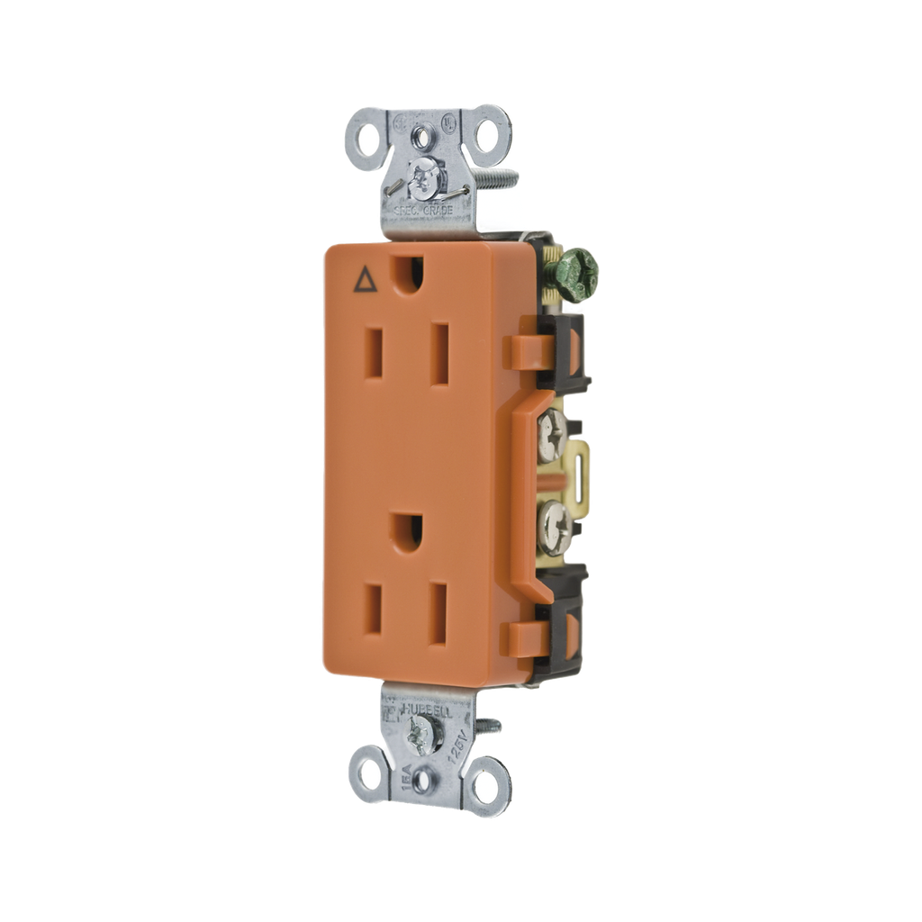 Contacto Dúplex Conexión a Tierra Aislada/ 15A 125V/ 2 polos 3 Hilos/ Nema 5-15R /Grado Comercial Decorativo/ Color Naranja.