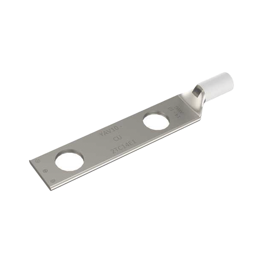 Zapata Terminal de Compresión de Barril Largo con Doble Ojillo para Tornillo 1/4 y Cable 14-10 AWG / Espaciado de 5/8.