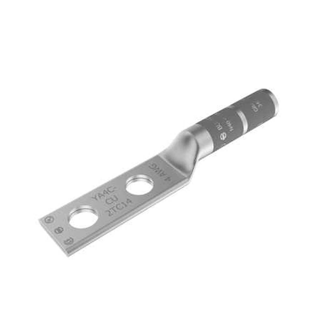 Zapata Terminal de Compresión de Barril Largo con Doble Ojillo para Tornillo 1/4 y Cable 4 AWG / Espaciado de 5/8.