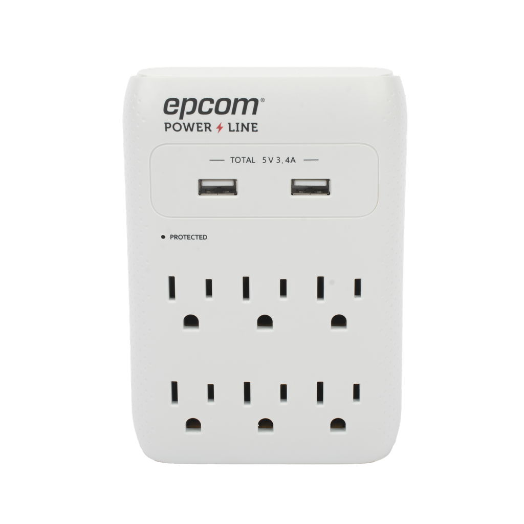 [EPLSPWUSB] Multicontacto de Pared 110 Vca / Supresor de Picos 1080 Joules / 6 x Nema 5-15P / 2 x USB (5V @3.4A)