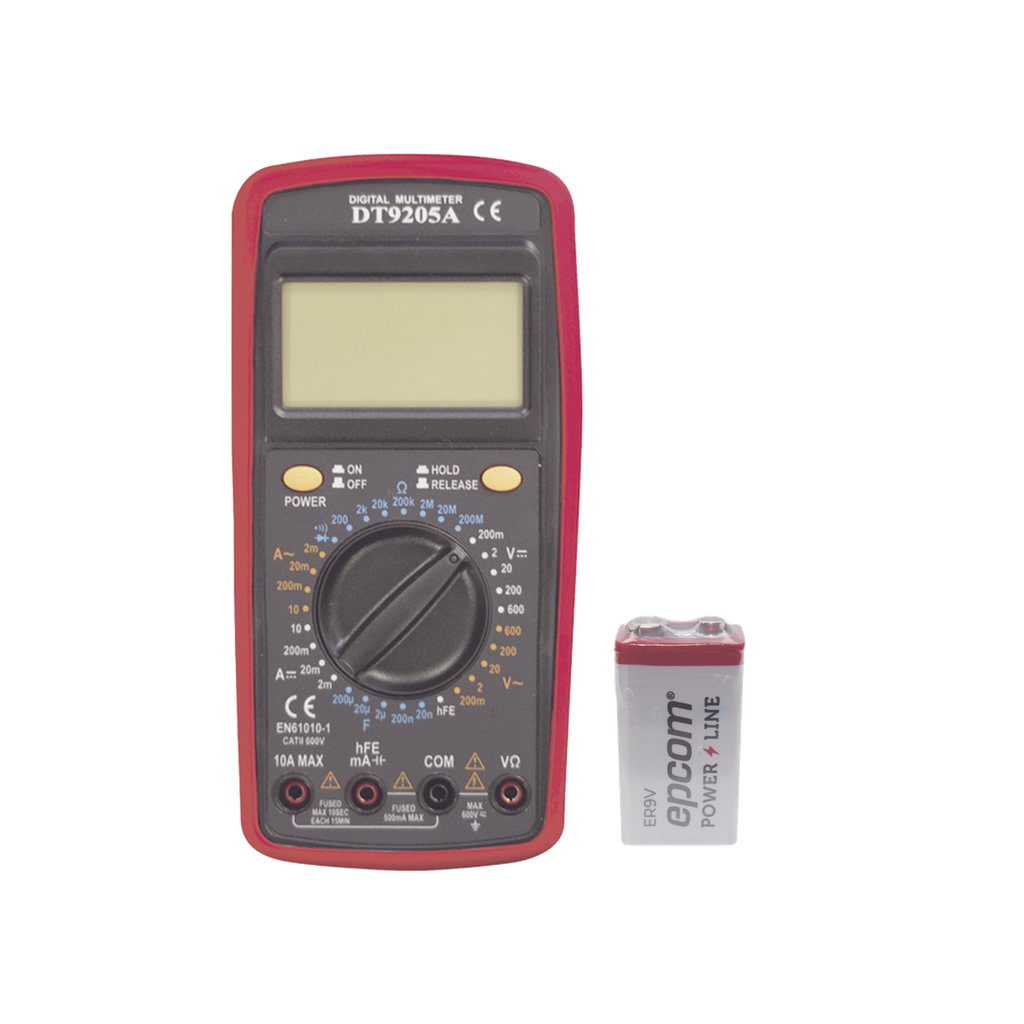 [DT9205AKIT] KIT Multímetro Digital DT9205A 600 Vcc /  Vca  CATII,  con Pantalla LCD. Incluye Batería ER-9V de 9V