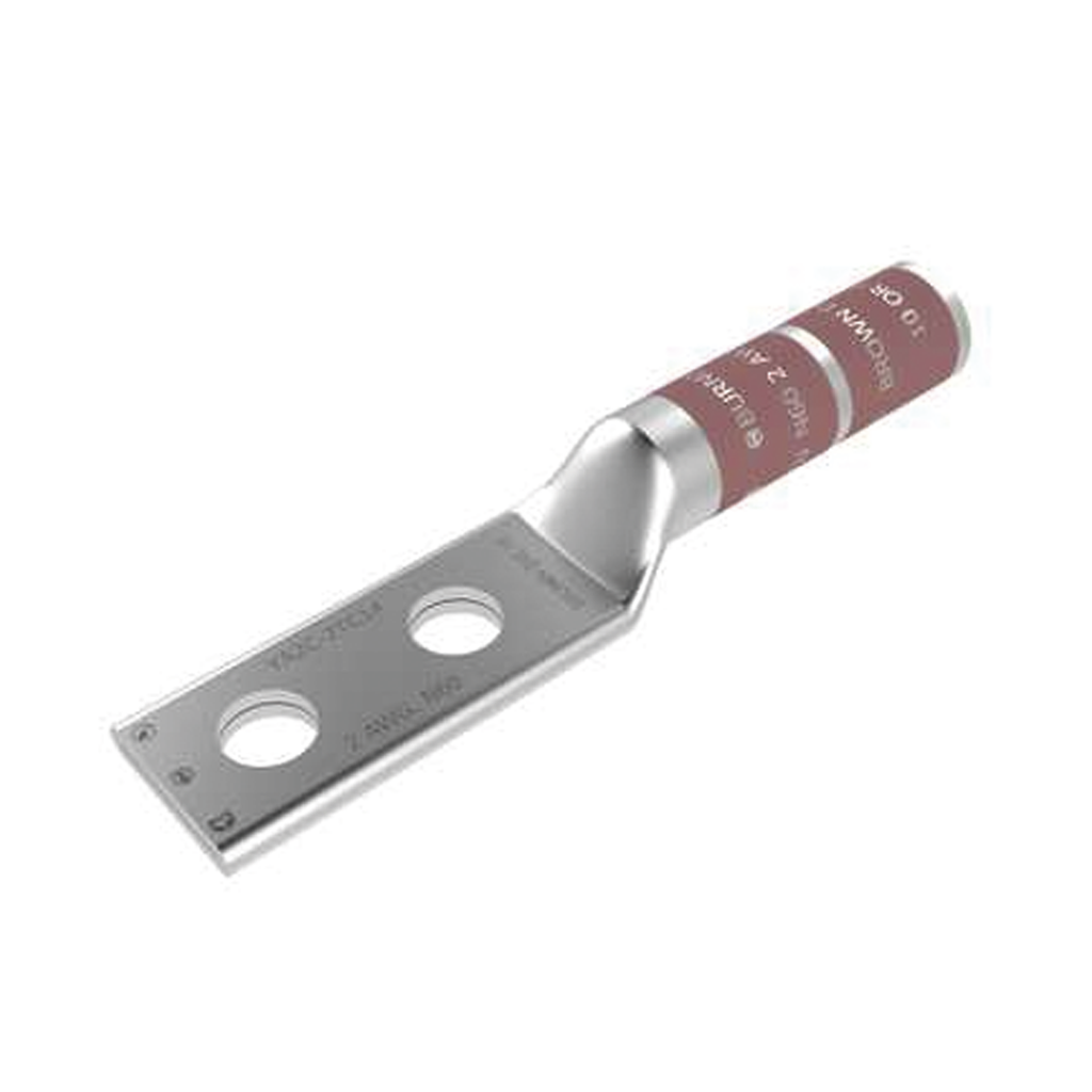 Zapata Terminal de Compresión  de Barril Largo con Doble Ojillo para Tornillo 1/4 y Cable 2  AWG / Espaciado de 5/8.